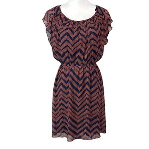 Enfocus Orange Navy Blue Chevron Cap Sleeve Blouson Dress‎ Sz 8